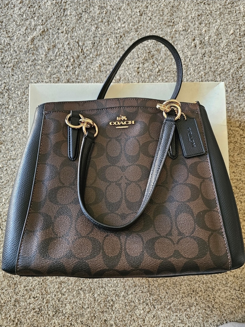 Coach Brown and Black Signature Tote with Gold Hardware